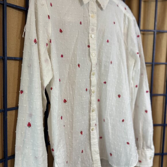 LOFT White Swiss Dot Strawberry Embroidered Button Up Shirt XS - Picture 2 of 7